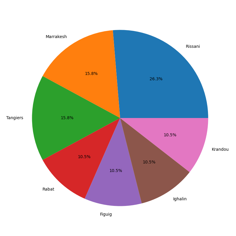 Pie chart showing burial distribution by region, with Rissani (5 burials) being the most prominent.