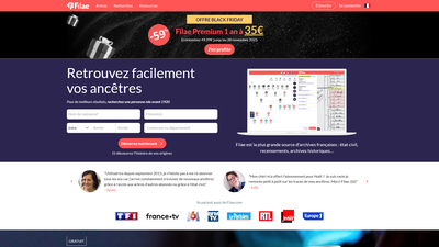 This webpage is the cookie consent and privacy management interface for Filae.com, a French genealog