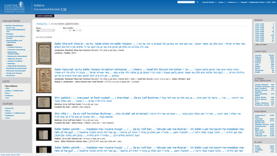 This webpage represents a catalog section of the Judaica collection at the University Library of Fra